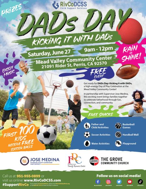 Dads Day flyer showing event times, dates, and event details. Images of fathers and kids playing various sports.