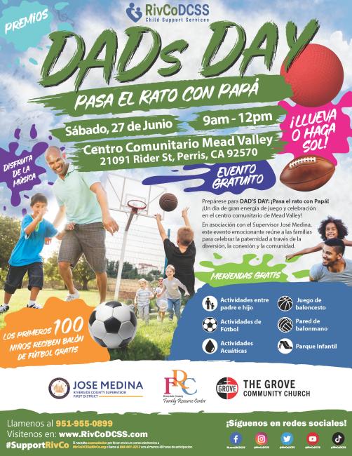 Dads Day flyer in spanish showing event times, dates, and event details. Images of fathers and kids playing various sports.