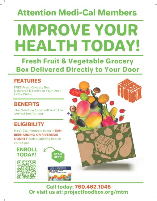 Project Food Bank Flyer, a box of fresh produce coming out of a box, a link to their website, and a QR code to enroll in the program. 