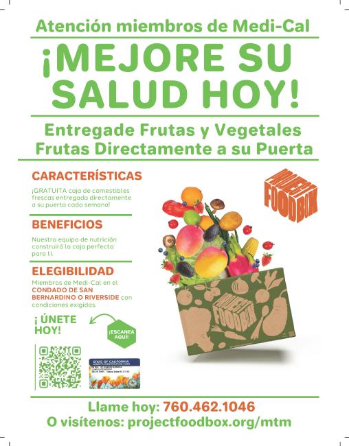 Project Food Bank Flyer in Spanish, a box of fresh produce coming out of a box, a link to their website, and a QR code to enroll in the program. 