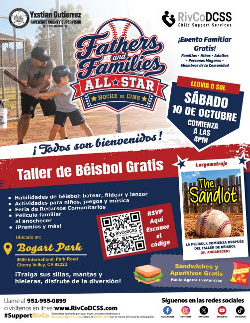 fathers and families all star movie night flyer detailing times and details of event. A father plays baseball with his kid. 