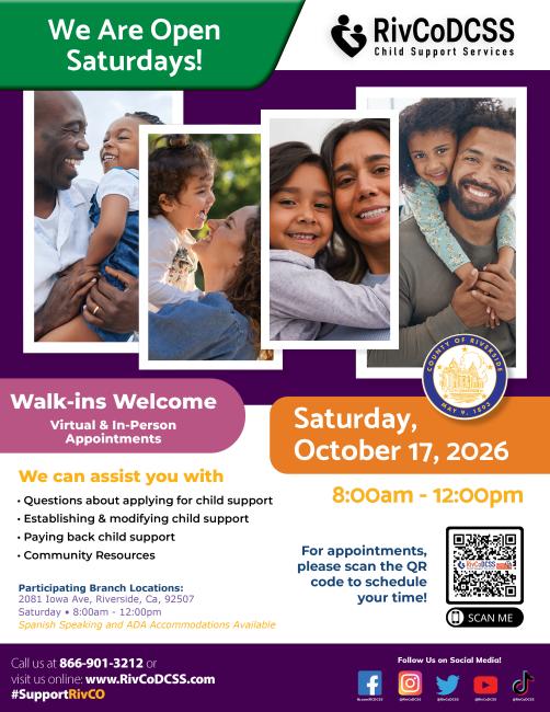 open saturday flyer with parents holding kids, detailing times and details of the october open saturday