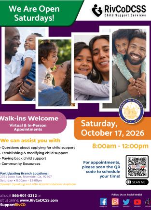 open saturday flyer with parents holding kids, detailing times and details of the october open saturday